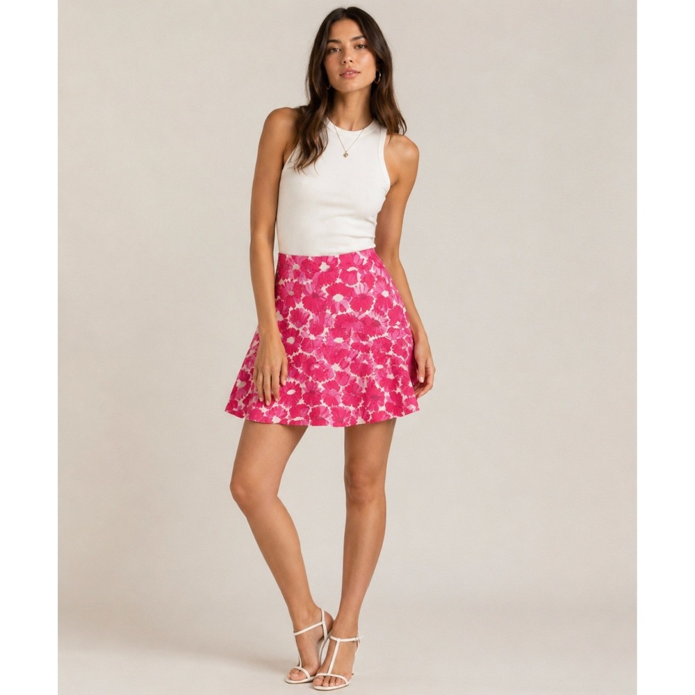 Milly New York Designer Mini Skirt Sz 4 Pink Floral Print Flared Cotton $295